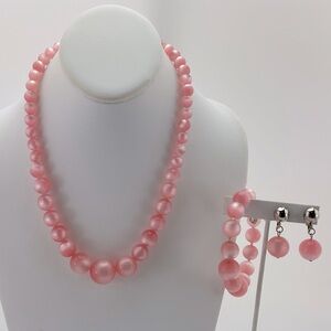 Vintage Pink Moon Glow Lucite Necklace, Earrings and Bracelet Set, MCM, 1950s